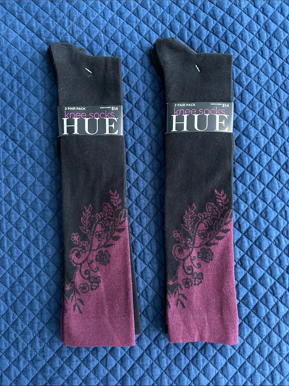 HUE Women’s Black & Plum Knee Socks Cotton Blend 4 Pairs 2 Packs NWT